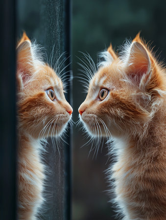 Two cute ginger kittens are looking out the window. Close-up.の素材