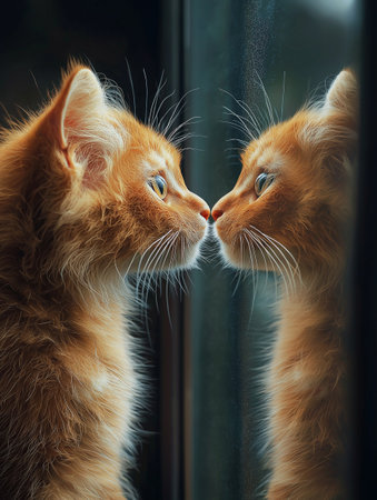 Two cute ginger kittens are looking at each other through the window.の素材