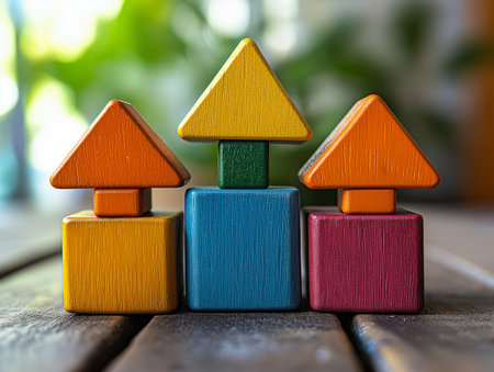 Colorful wooden building blocks on wood table in the garden background.の素材