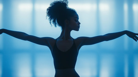Silhouette of beautiful young african american woman practicing yogaの素材