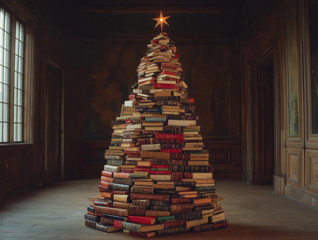 Christmas tree made of books in the interior of an old house.の素材
