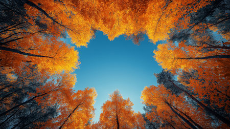 Autumn forest on blue sky background. Nature and environment concept.の素材