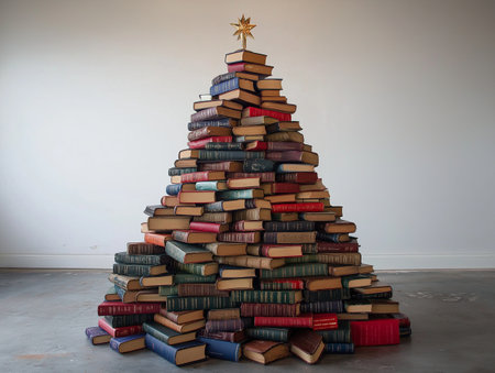 Christmas tree made of books in a room with white walls and floorの素材