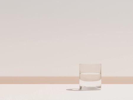 Glass of water on white table. Minimal style. 3d renderの素材