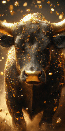 Portrait of a black bull with golden dust in the background.の素材