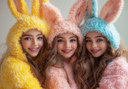Three beautiful young women in Easter bunny ears. Happy easter.の素材