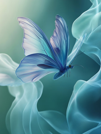 Blue butterfly on a background of blue silk. 3d rendering.の素材
