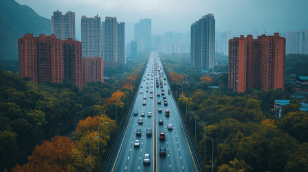 Aerial view of a highway in the city with tall buildings in the backgroundの素材