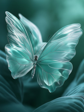Blue butterfly on green background. 3d rendering, 3d illustration.の素材
