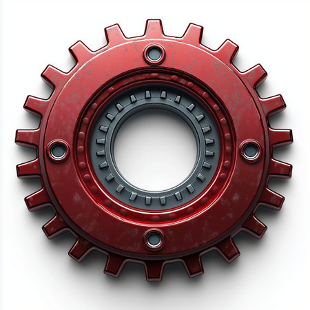 Red gear wheel on white background. 3d rendering. Computer digital drawing.の素材