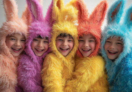 Group of happy children wearing bunny costume on Easter day, closeupの素材