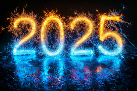 Happy New Year 2015 written with Sparkle firework on black background.の素材