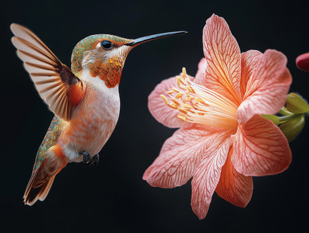 White-throated Hummingbird (archilochus colubris) and pink flowerの素材