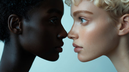 African american woman and caucasian man looking at each otherの素材