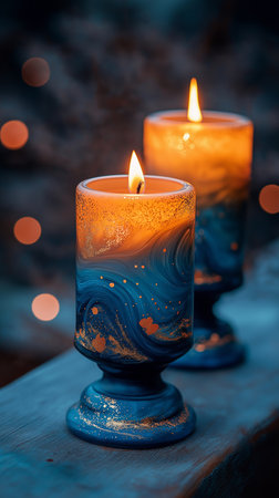 Candles in blue color with bokeh background. Selective focus.の素材
