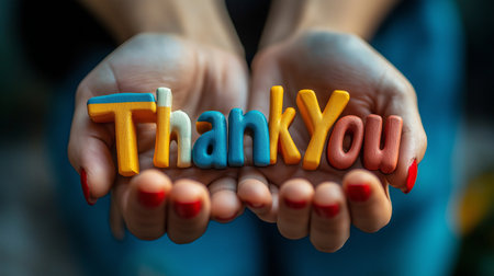 Hands of a young woman with colorful letters forming the word thank youの素材