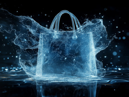 Shopping bag with water splash on dark background. 3D renderingの素材