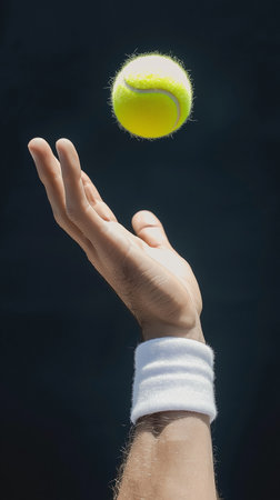 Tennis ball in the hand of a man, isolated on black backgroundの素材