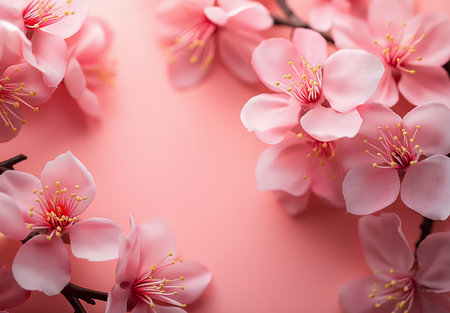 Beautiful blooming sakura branches on color background, top viewの素材