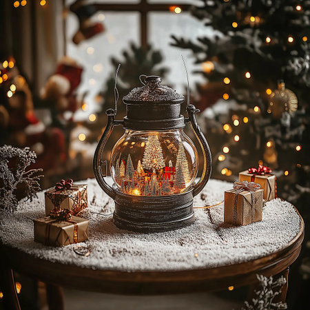 Vintage lantern with christmas decoration on wooden table in living roomの素材