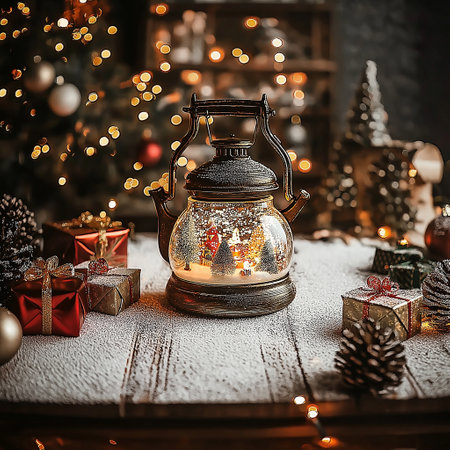 Christmas still life with lantern, gifts and decorations on wooden background.の素材