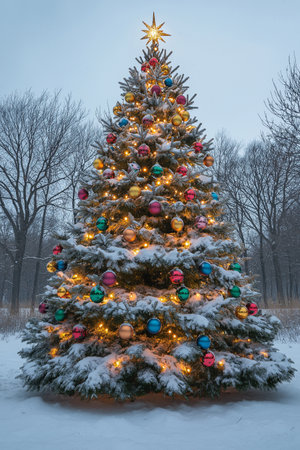 Beautiful Christmas tree with colorful balls and lights in the winter forestの素材