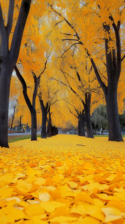 Ginkgo trees with yellow leaves in autumn park, South Koreaの素材