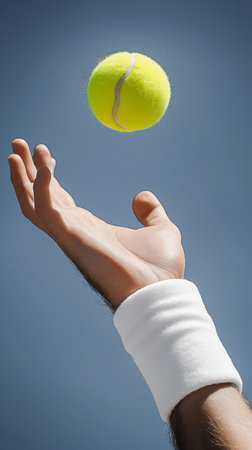 Tennis ball in the hands of a man on a blue backgroundの素材
