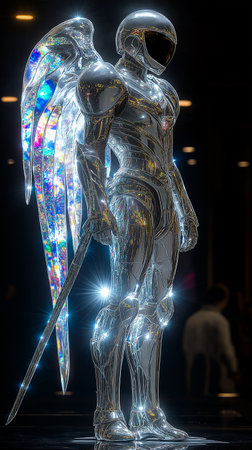 3D Illustration of a female figure with crystal wings and starsの素材