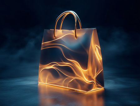 Shopping bag on dark background. 3D rendering. Neon lights.の素材