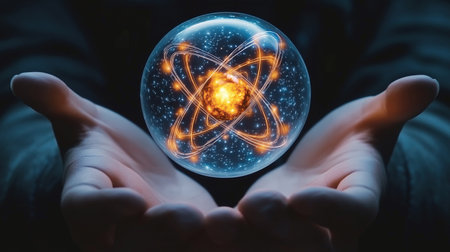 Close up view of female hands holding planet earth with glowing atom hologram 3D renderingの素材