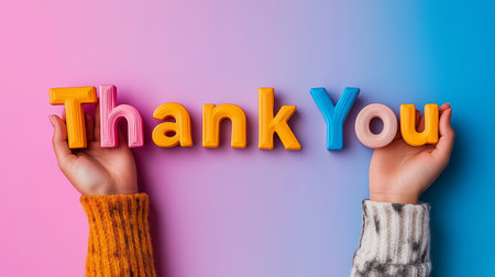 Thank you word made of wooden letters in female hands on blue backgroundの素材