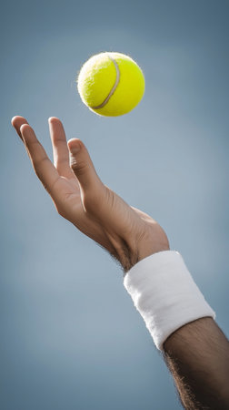 Cropped image of male hand holding tennis ball against blue background with vignetteの素材