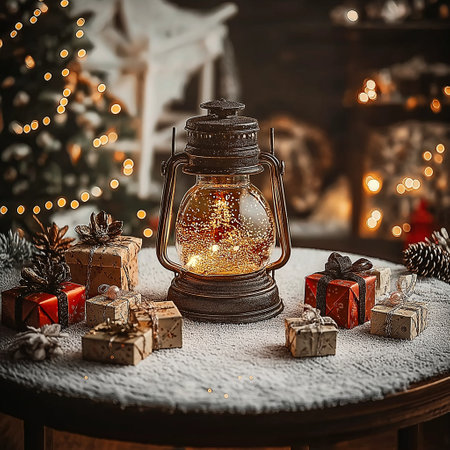 Vintage lantern with christmas decorations on wooden table. Christmas background.の素材