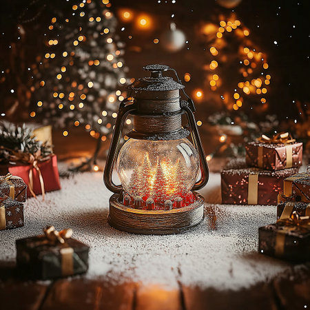 Christmas and New Year background with a kerosene lamp, gifts and lights.の素材