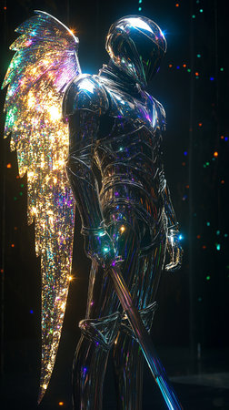 Close-up portrait of a beautiful female robot with luminous wingsの素材