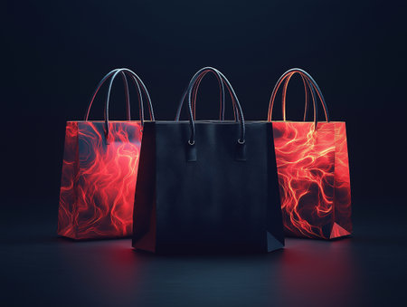 Shopping bags on dark background. 3D rendering. Neon lights.の素材