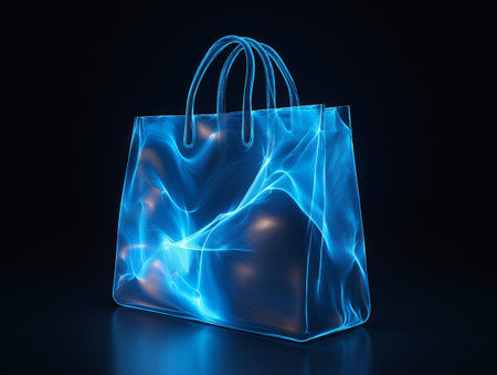 Shopping bag on black background. 3D rendering. Neon lightsの素材
