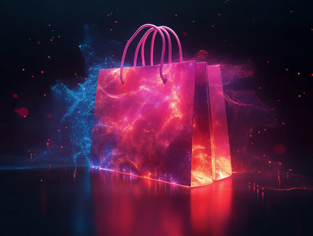 Shopping bag with abstract light rays on dark background. 3D renderingの素材
