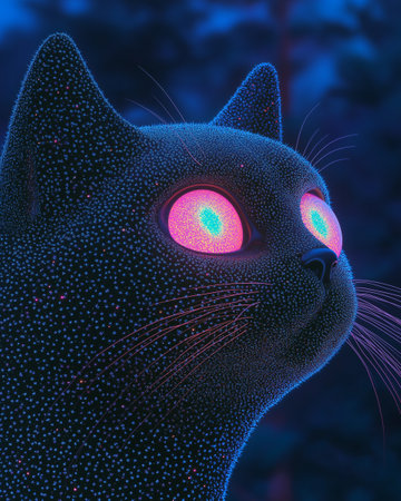 3D Illustration of a Blue Cat with Orange Eyes on a Dark Backgroundの素材