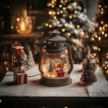 Vintage lantern with Christmas tree and gifts on the background of the Christmas tree.の素材