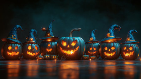 Halloween pumpkins with witch hats on dark background 3D renderingの素材