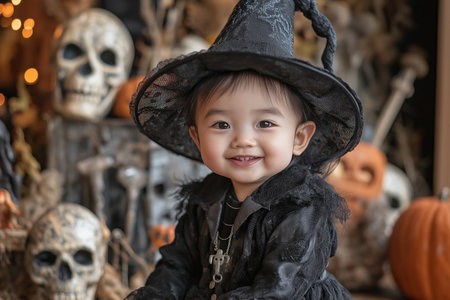 Cute asian little girl in witch costume for halloweenの素材
