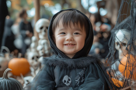 Cute asian baby boy in halloween costume with pumpkinsの素材