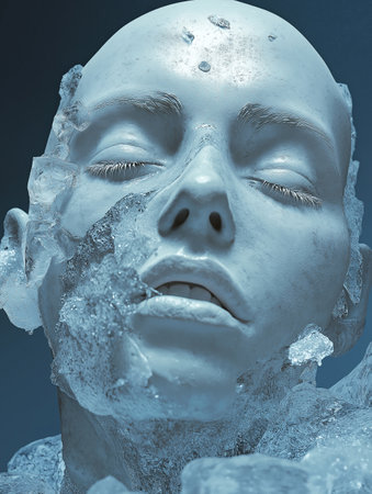 3D rendering of a human face covered with ice on a blue backgroundの素材