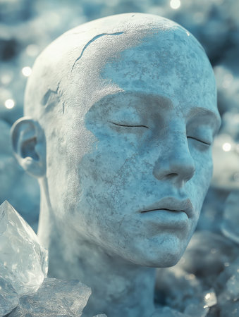 3d rendering of a female face covered with ice in blue tonesの素材
