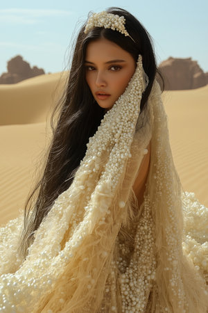 fashion outdoor photo of beautiful sensual woman with dark hair in luxurious dress and accessories posing in the desertの素材