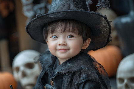 Portrait of cute little girl in witch costume on halloweenの素材