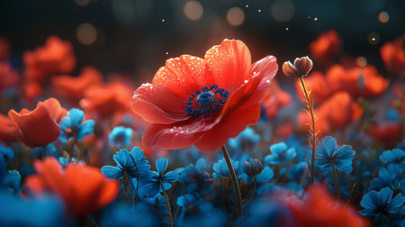 Red poppies and blue flowers in the meadow. Soft focusの素材
