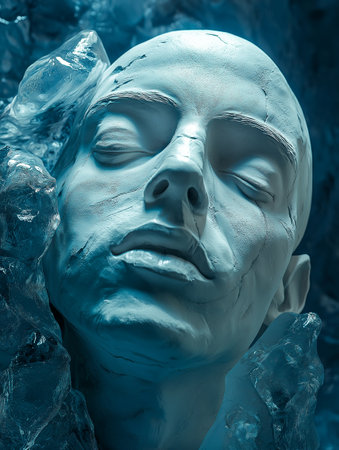 Face of a man made of ice on a blue background. 3d renderingの素材